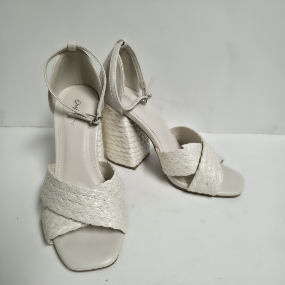 Qupid Cage-82X White Braided Crisscross Ankle Strap Block Heel Sandals 5.5